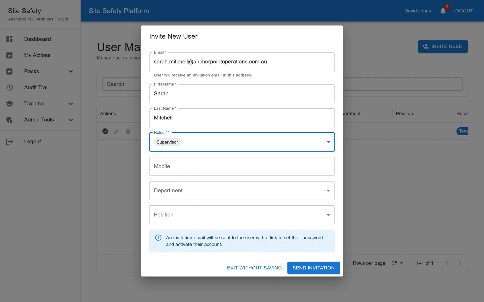 Invite New User dialog with email, name, and role fields filled in