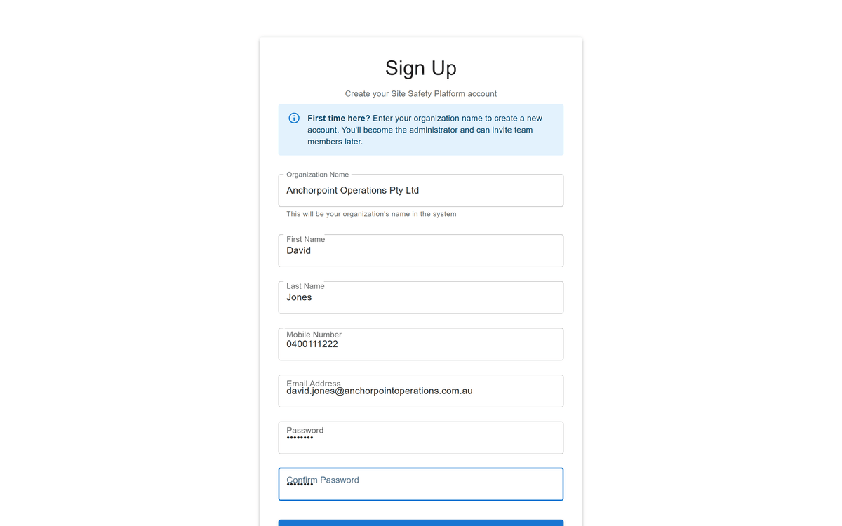 Site Safety sign up form for creating a new organisation