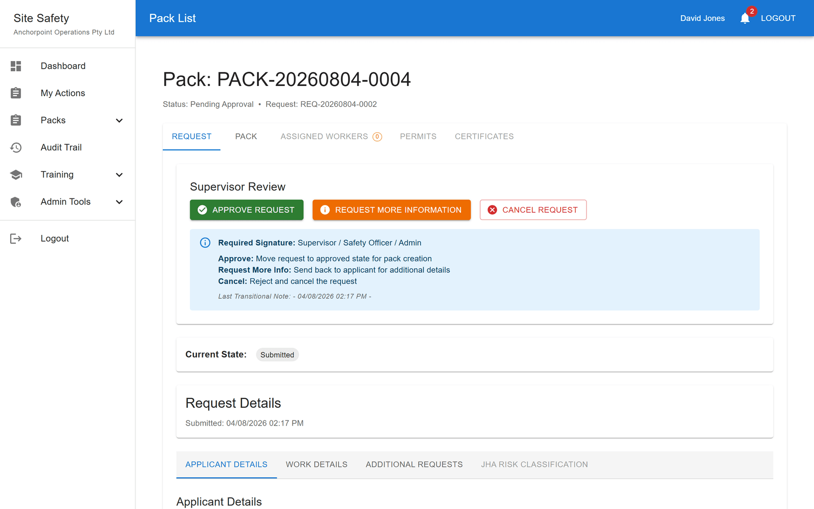 Site Safety pack workspace awaiting supervisor approval, with approve, request-info, and cancel actions