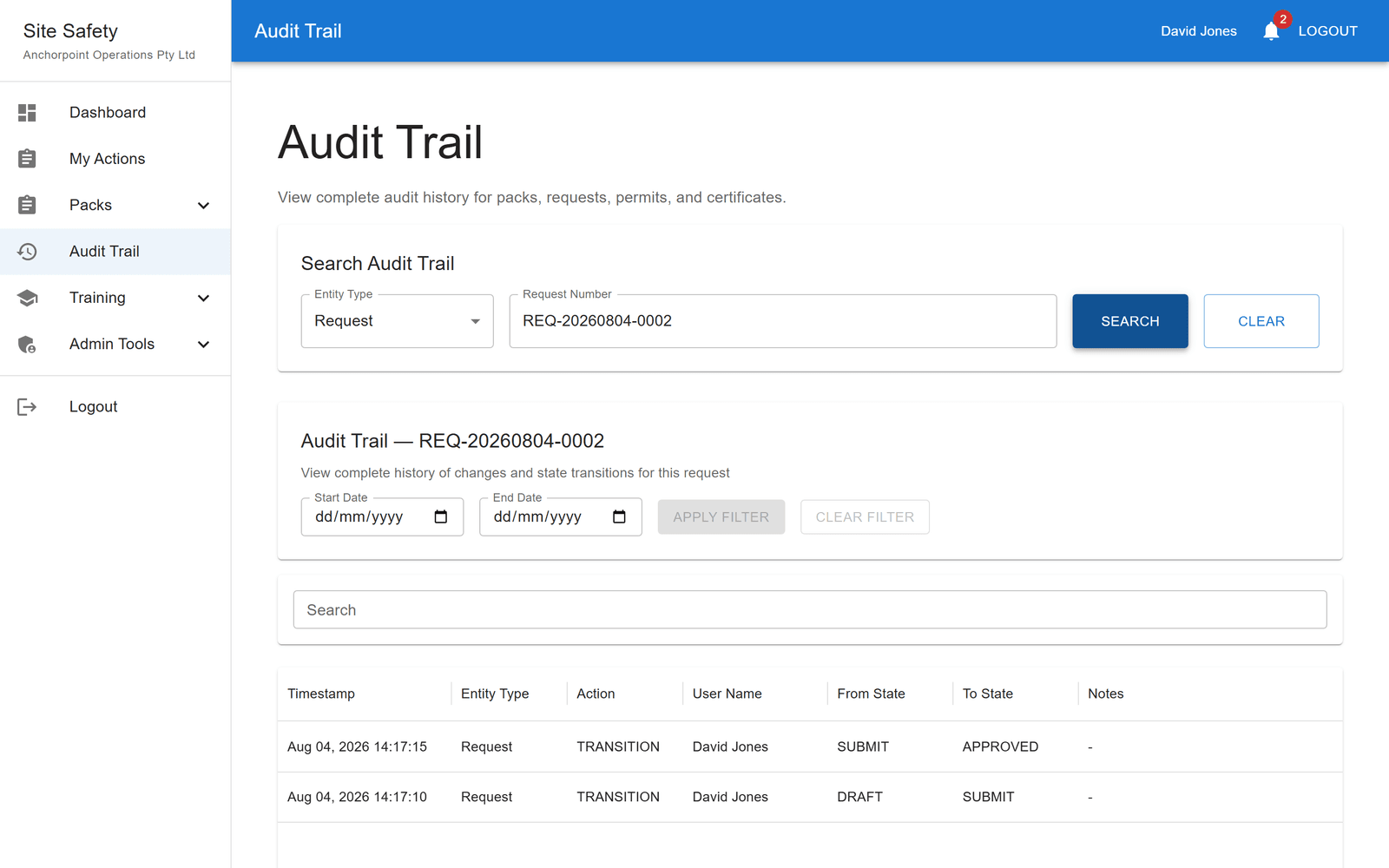 Site Safety audit trail showing a request's full history — draft to submitted to approved, each transition timestamped and attributed